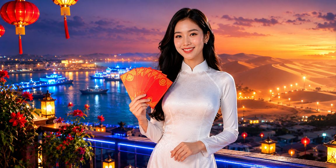 Phong cảnh Mũi Né và phong bao lì xì tượng trưng cho khuyến mãi Tết tại g6pd